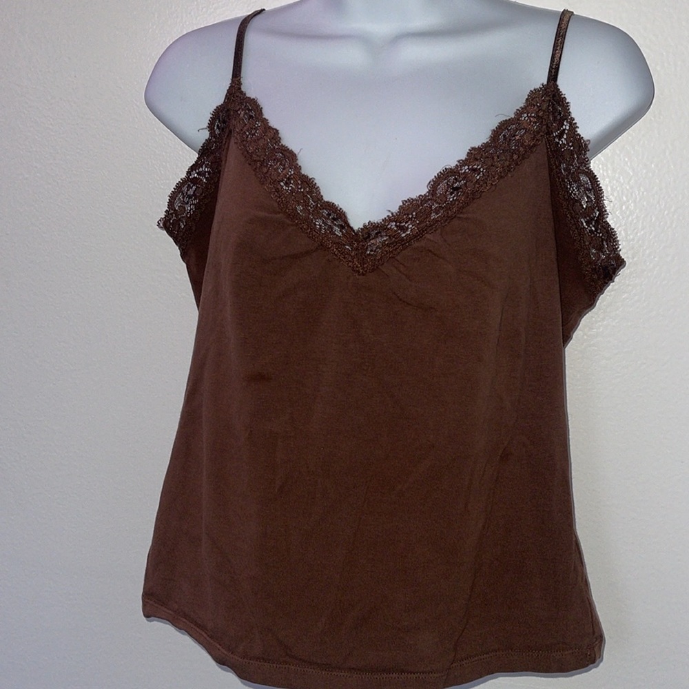 Womens top brown tank with lace deep vneck size Medium see flaws